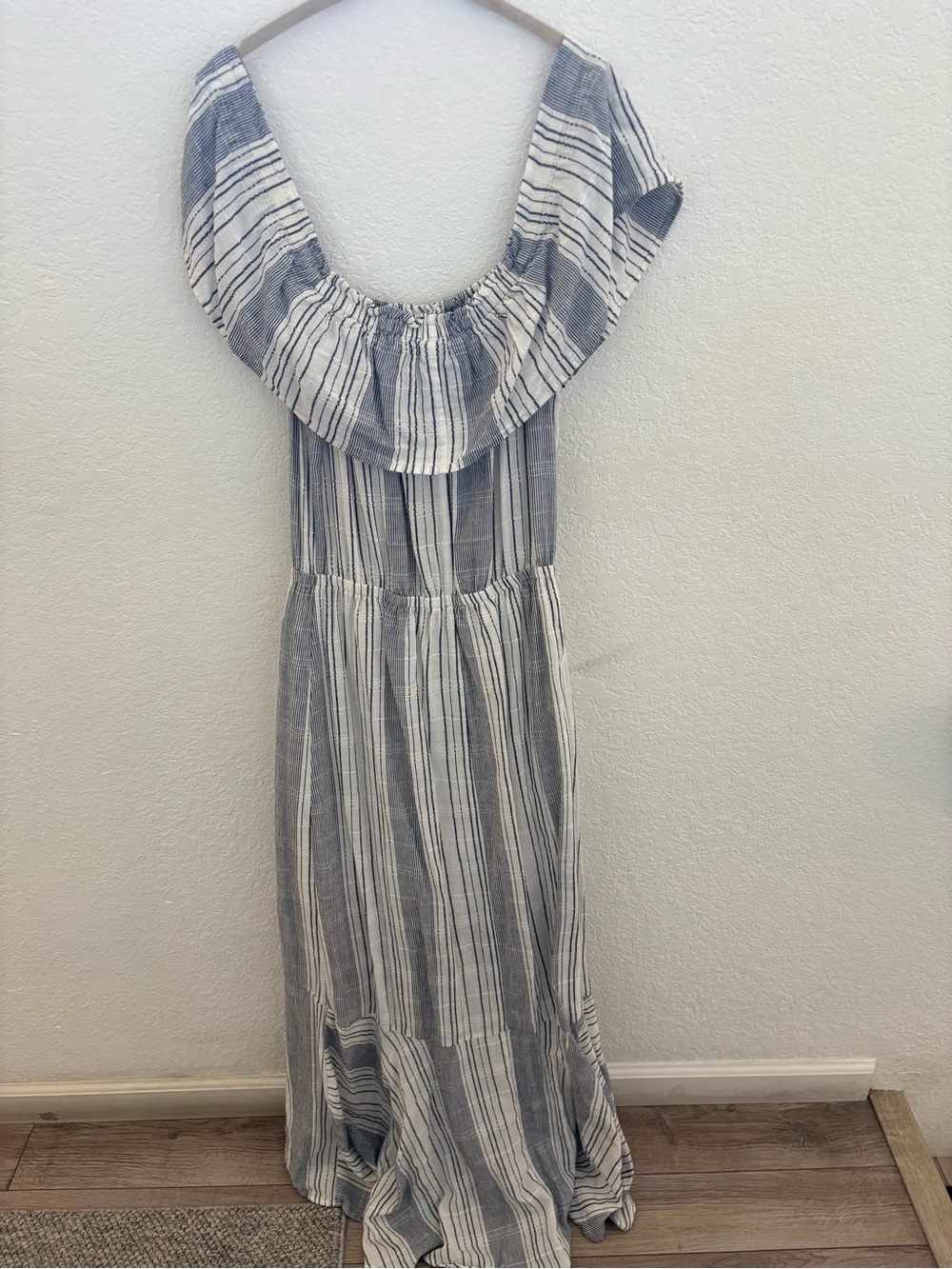 Express Blue and White Striped Off the Shoulder Dress